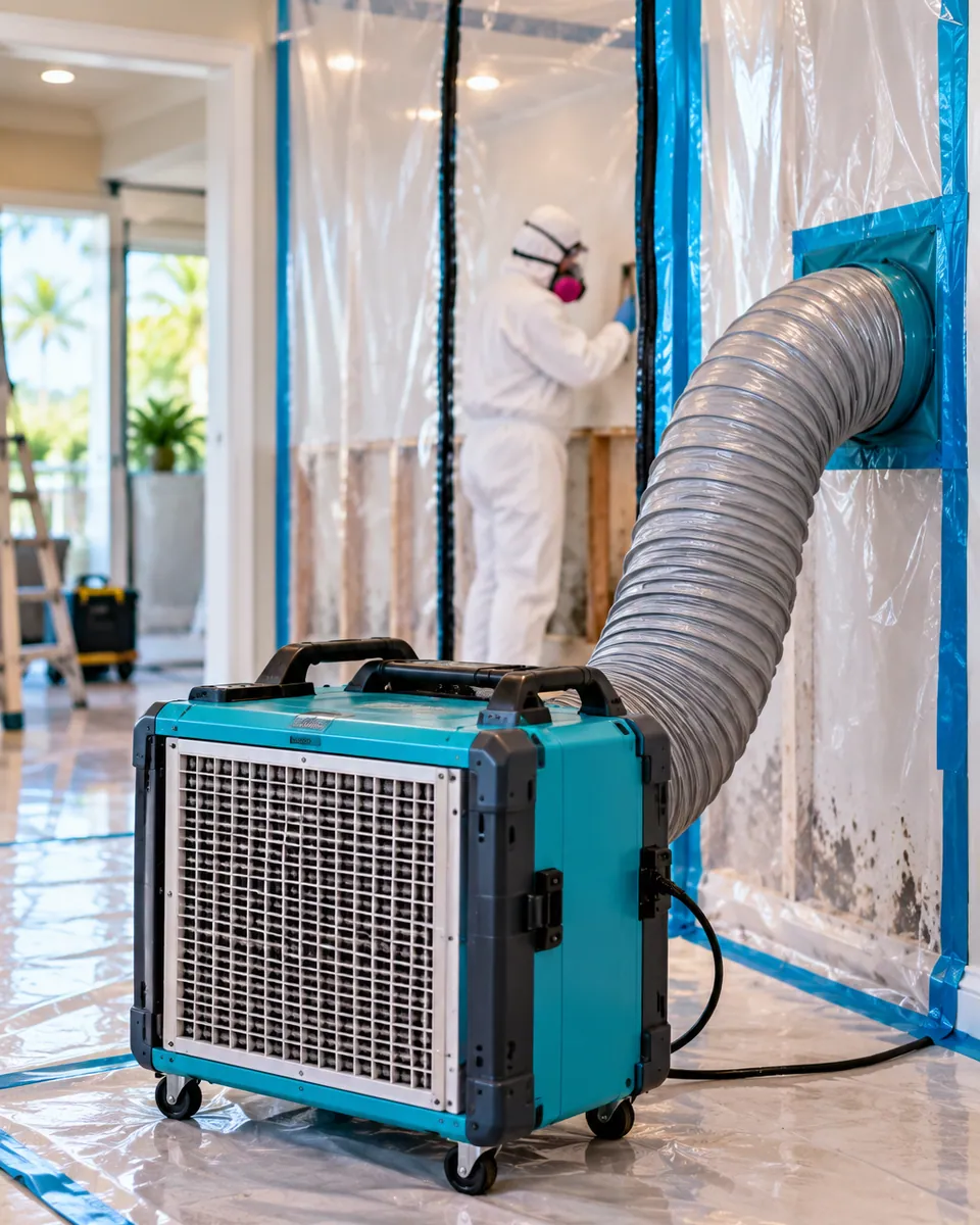HEPA air scrubber and poly containment set up for mold remediation in Lake Park